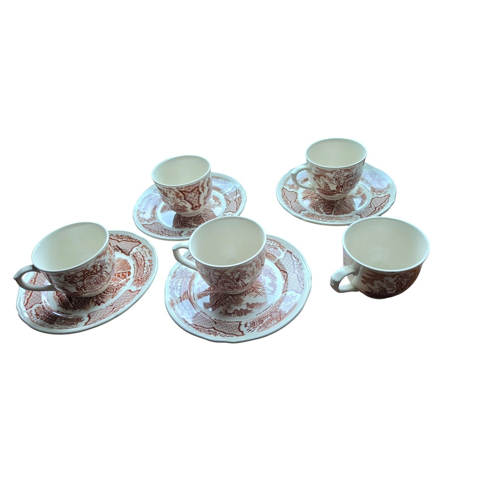 Alfred Meakin Fair Winds Brown Transferware Tea Cup Saucer Set 9pc Staffordshire